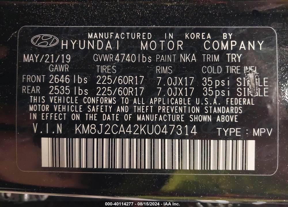 2019 HYUNDAI TUCSON SE VIN: KM8J2CA42KU047314