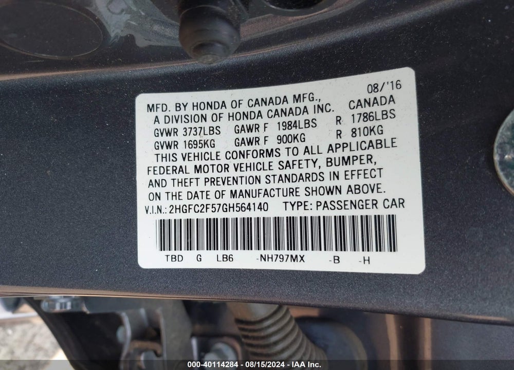 2016 HONDA CIVIC LX VIN: 2HGFC2F57GH564140