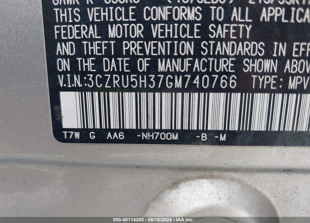 2016 HONDA HR-V LX VIN: 3CZRU5H37GM740766