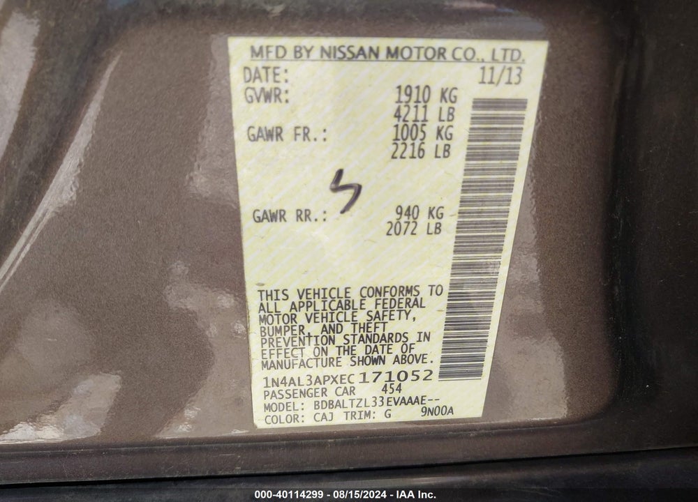 2014 NISSAN ALTIMA VIN: 1N4AL3APXEC171052