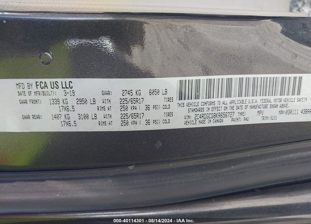 2019 DODGE GRAND CARAVAN SXT VIN: 2C4RDGCG8KR656727