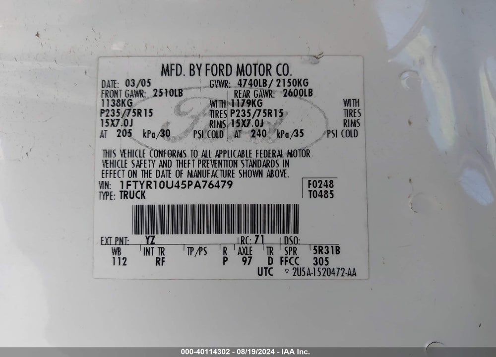 2005 FORD RANGER EDGE/STX/XL/XLS/XLT VIN: 1FTYR10U45PA76479