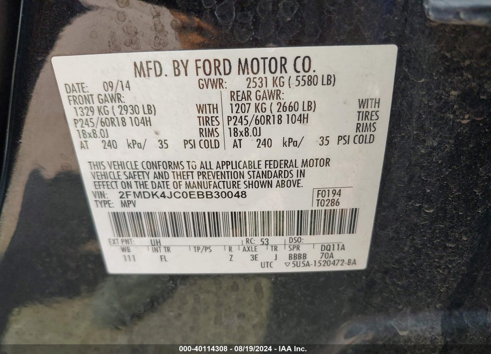 2014 FORD EDGE SEL VIN: 2FMDK4JC0EBB30048