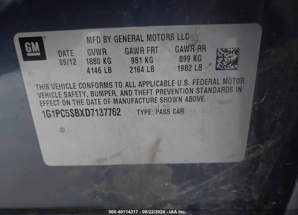 2013 CHEVROLET CRUZE 1LT AUTO VIN: 1G1PC5SBXD7137762