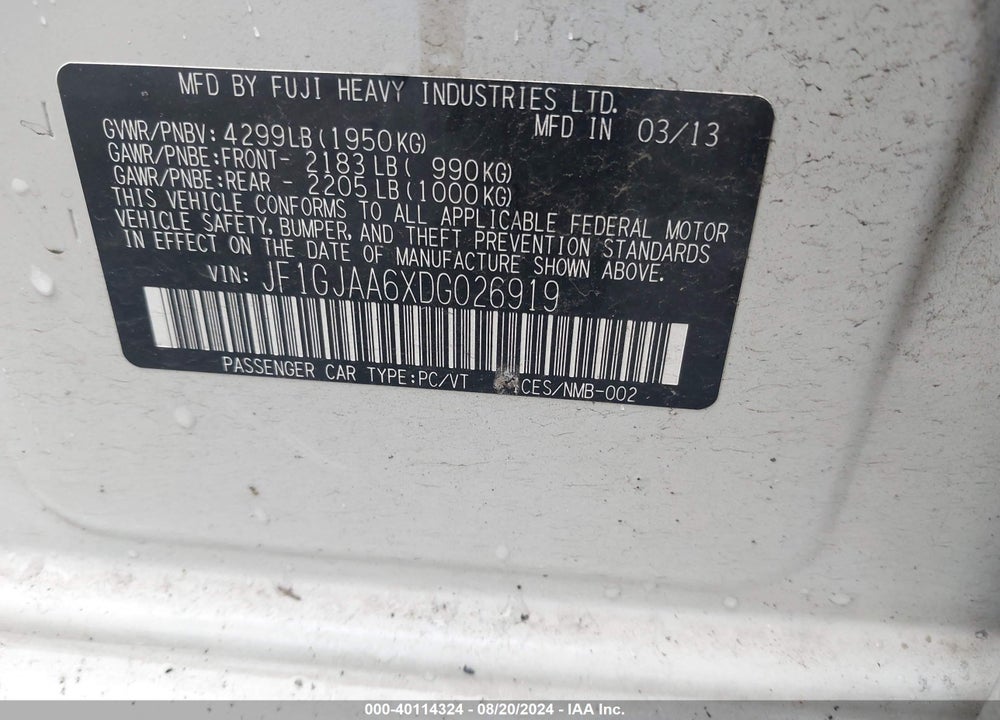 2013 SUBARU IMPREZA 2.0I VIN: JF1GJAA6XDG026919