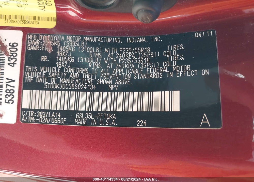2011 TOYOTA SIENNA LIMITED VIN: 5TDDK3DC5BS024134