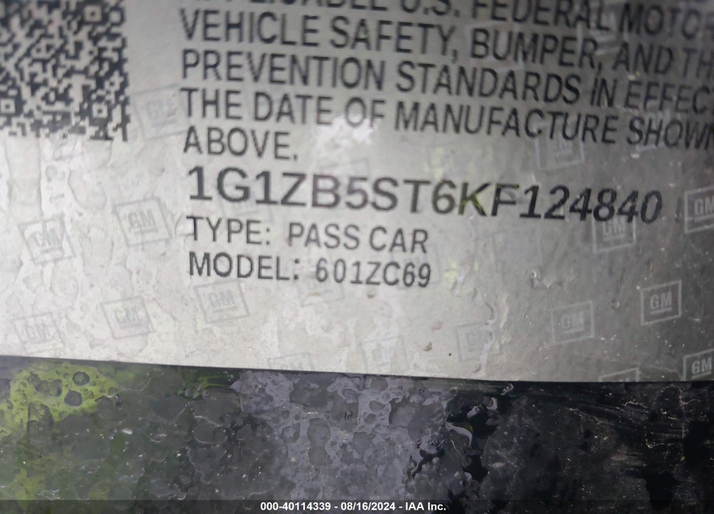 2019 CHEVROLET MALIBU 1LS VIN: 1G1ZB5ST6KF124840