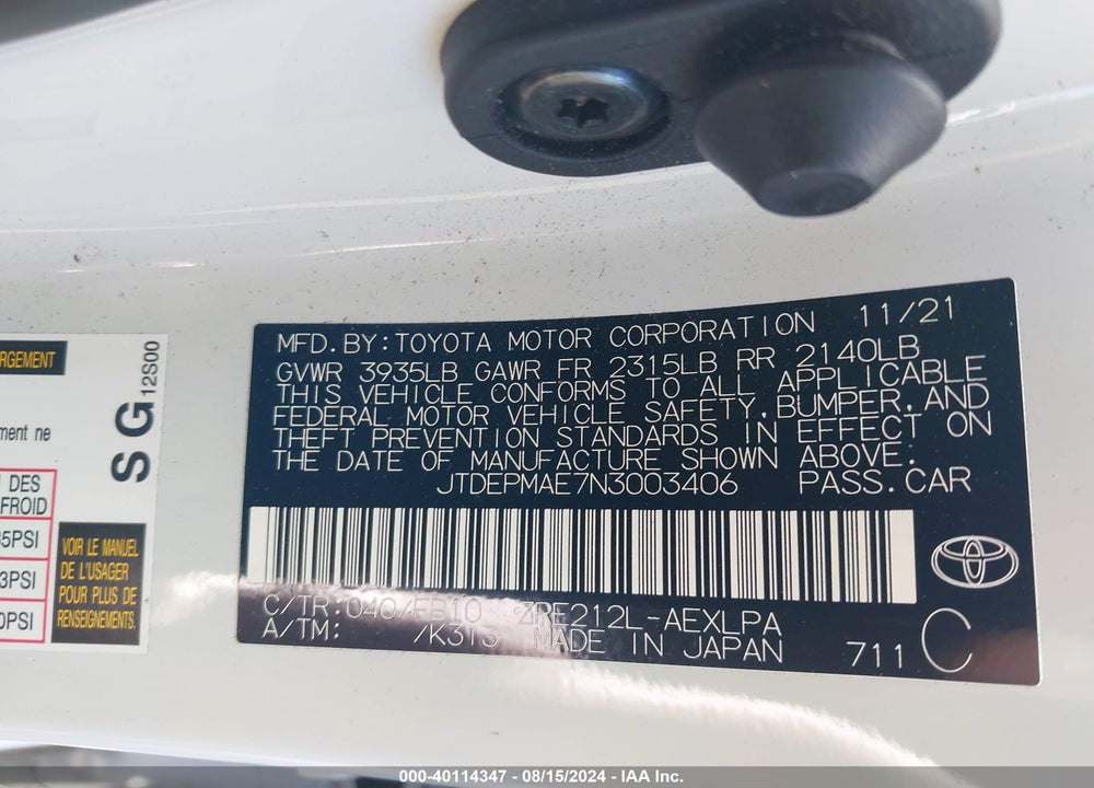 2022 TOYOTA COROLLA LE VIN: JTDEPMAE7N3003406