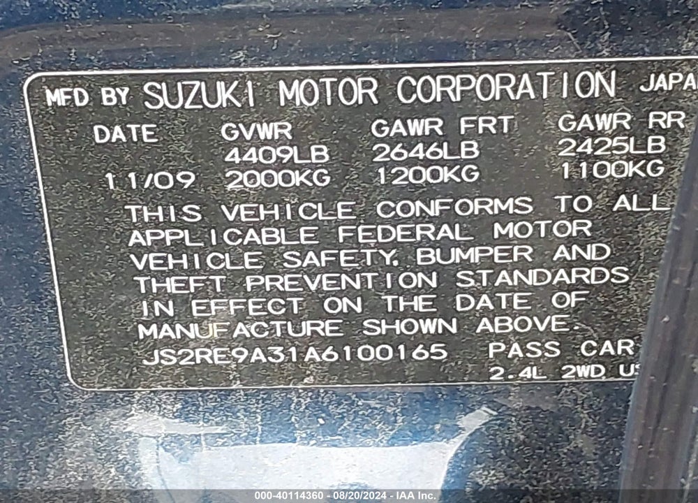 2010 SUZUKI KIZASHI VIN: JS2RE9A31A6100165