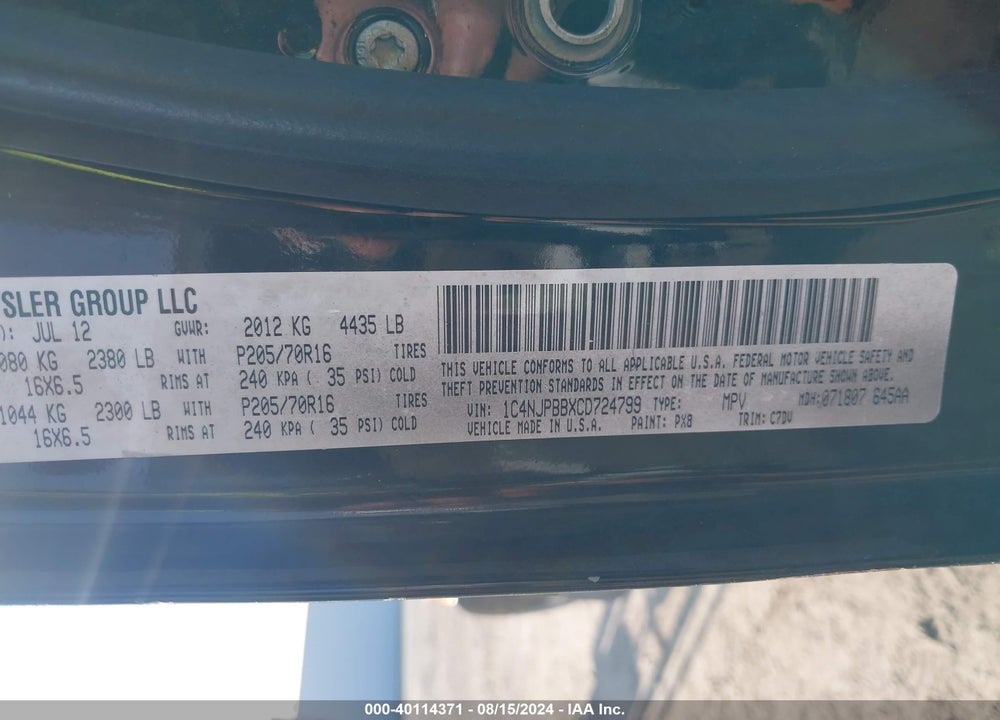 2012 JEEP PATRIOT SPORT VIN: 1C4NJPBBXCD724799