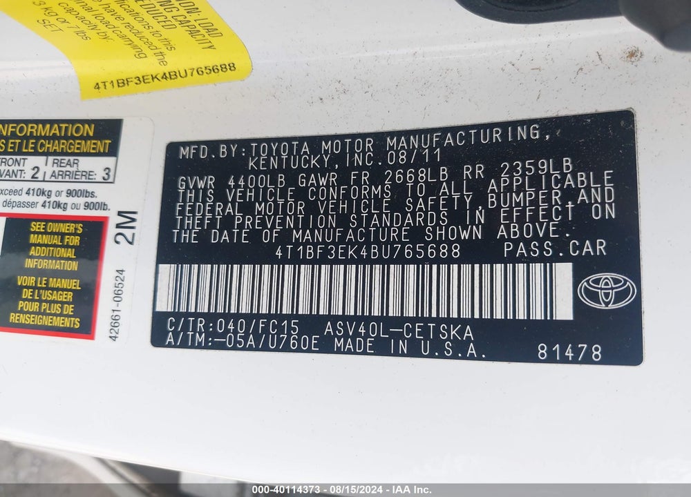 2011 TOYOTA CAMRY SE VIN: 4T1BF3EK4BU765688