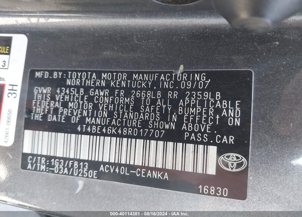 2008 TOYOTA CAMRY LE VIN: 4T4BE46K48R017707