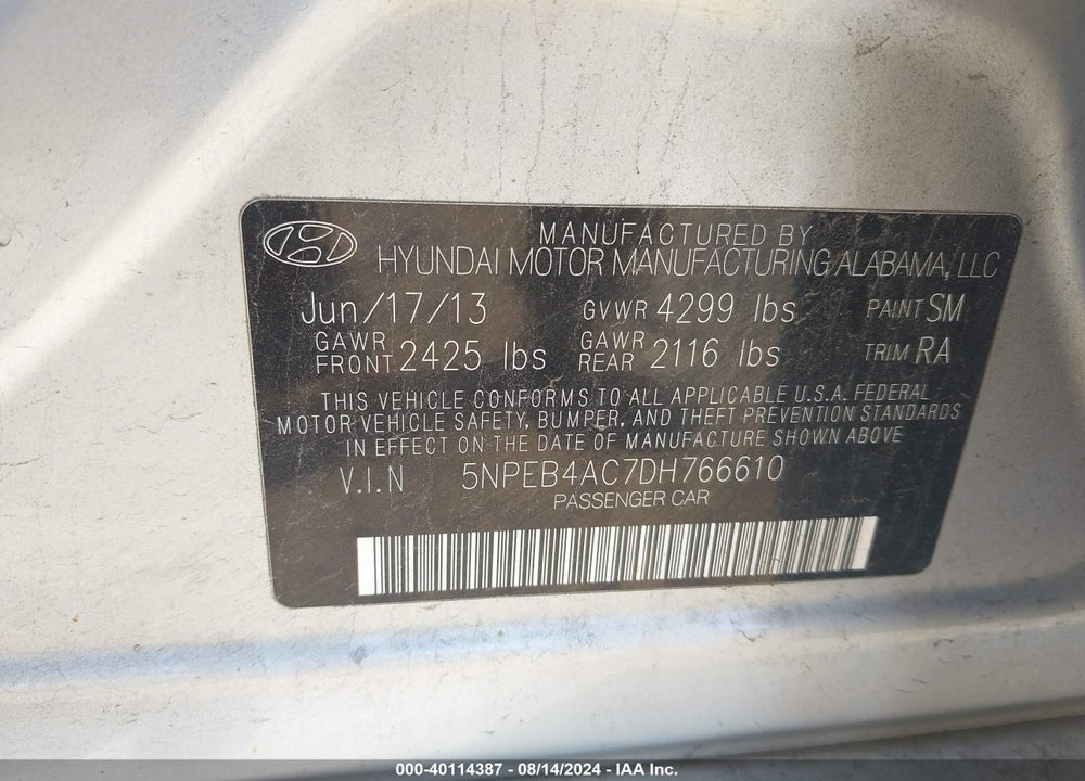 2013 HYUNDAI SONATA GLS VIN: 5NPEB4AC7DH766610