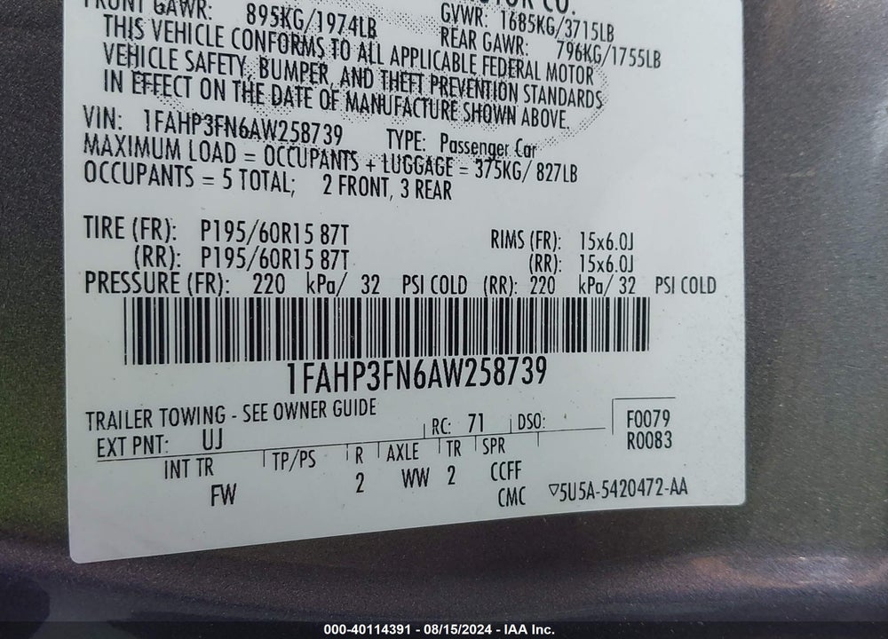 2010 FORD FOCUS SE VIN: 1FAHP3FN6AW258739