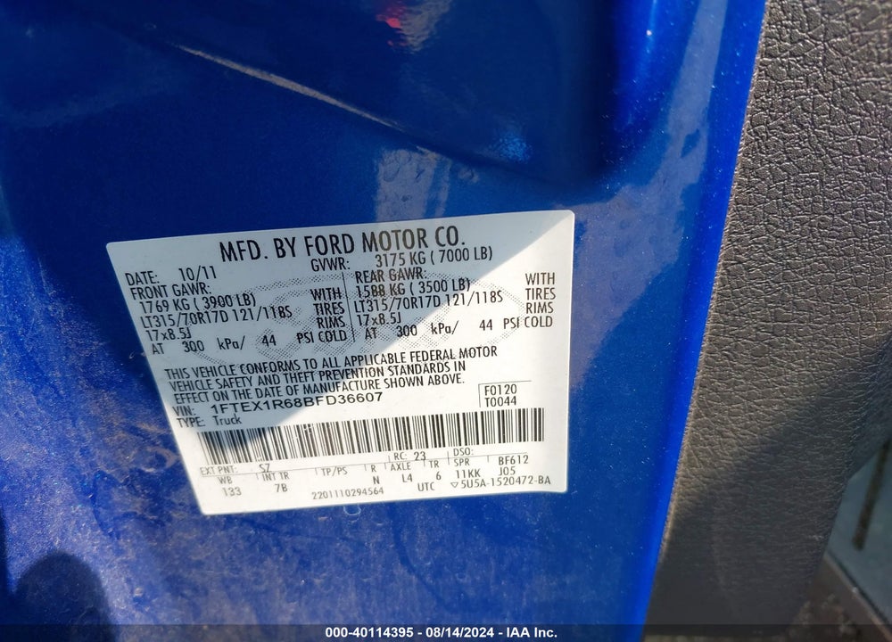 2011 FORD F-150 SVT RAPTOR VIN: 1FTEX1R68BFD36607
