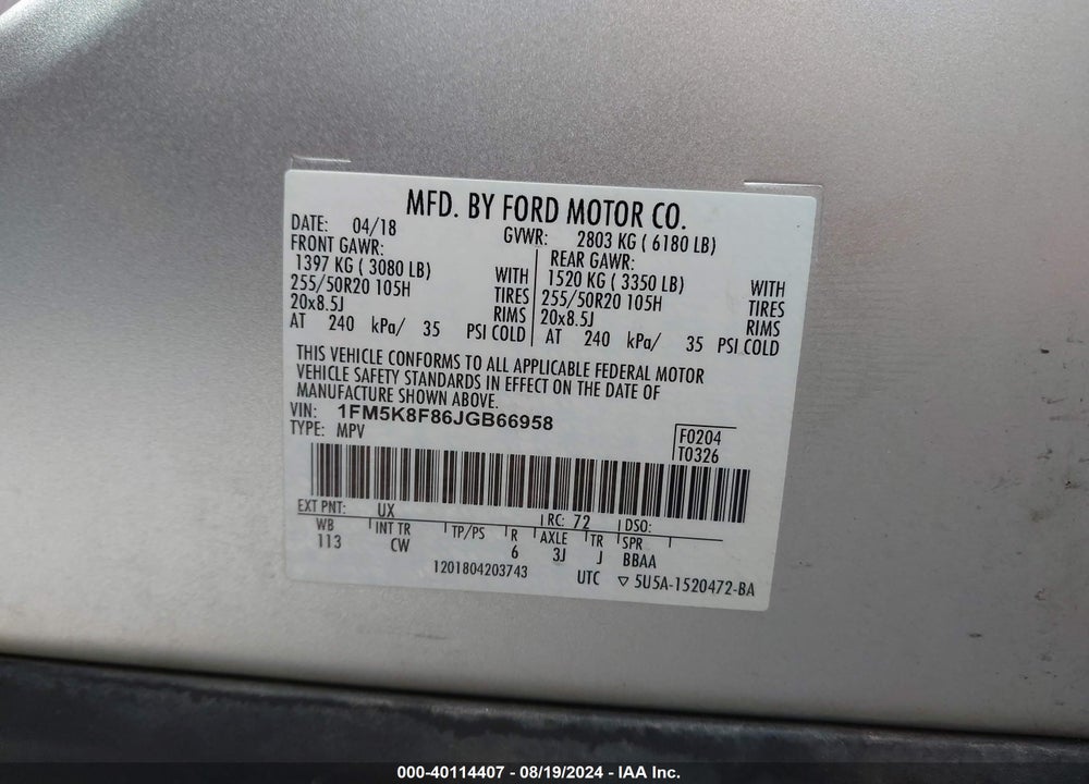 2018 FORD EXPLORER LIMITED VIN: 1FM5K8F86JGB66958