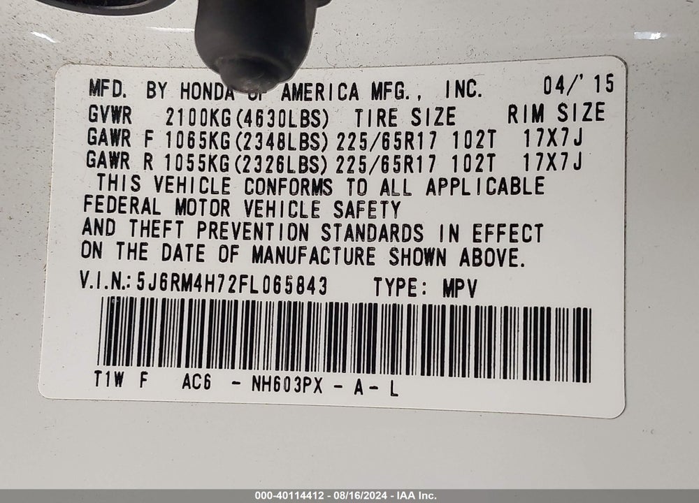 2015 HONDA CR-V EX-L VIN: 5J6RM4H72FL065843