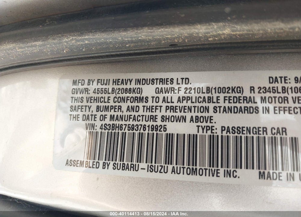 2003 SUBARU OUTBACK VIN: 4S3BH675937619925