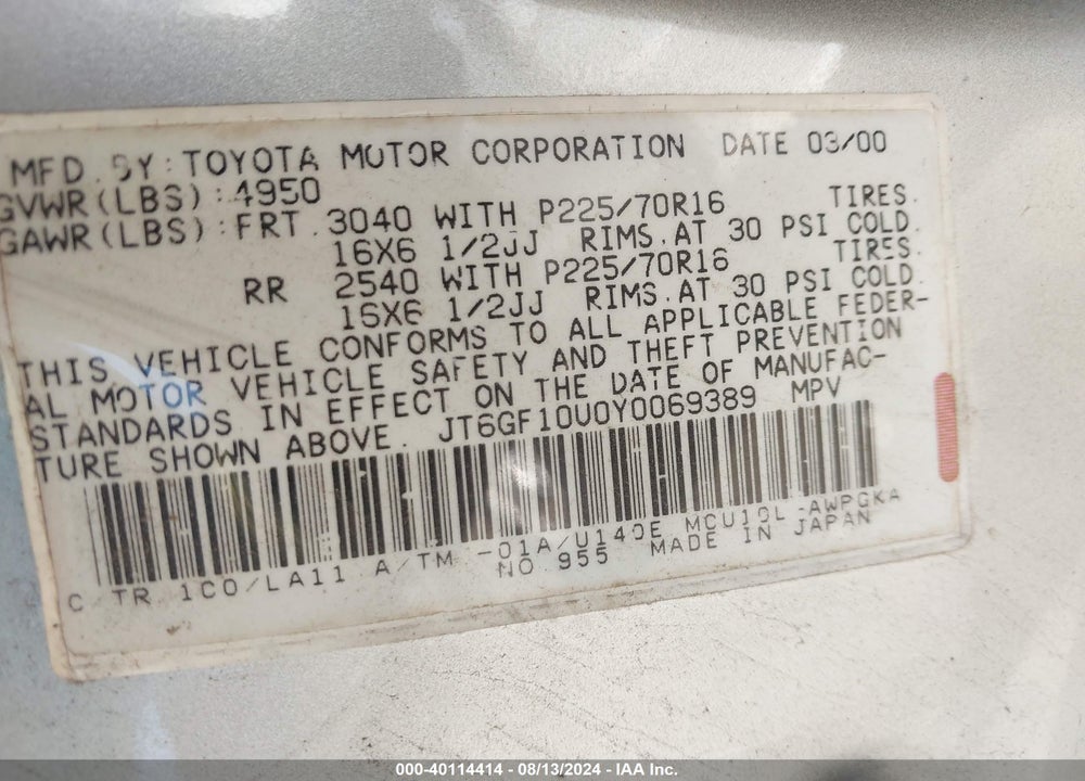2000 LEXUS RX 300 VIN: JT6GF10U0Y0069389