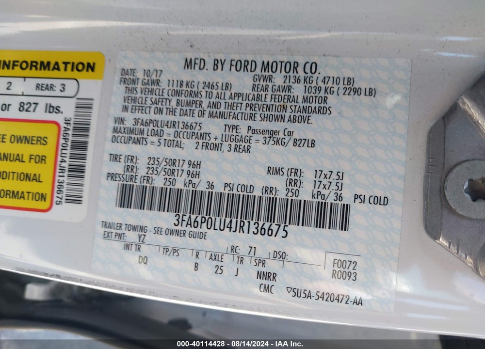 2018 FORD FUSION HYBRID SE VIN: 3FA6P0LU4JR136675