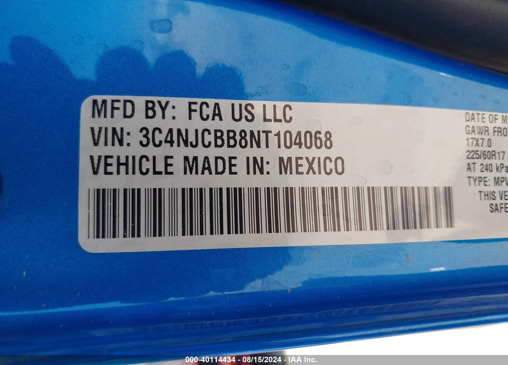 2022 JEEP COMPASS LATITUDE FWD VIN: 3C4NJCBB8NT104068