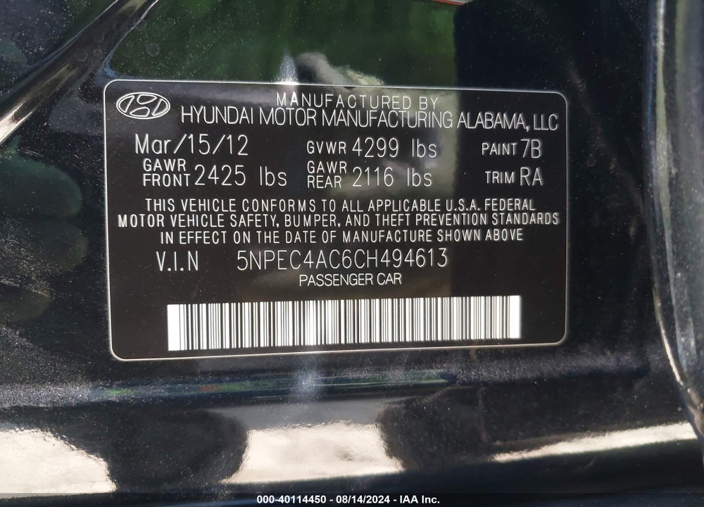 2012 HYUNDAI SONATA LIMITED VIN: 5NPEC4AC6CH494613