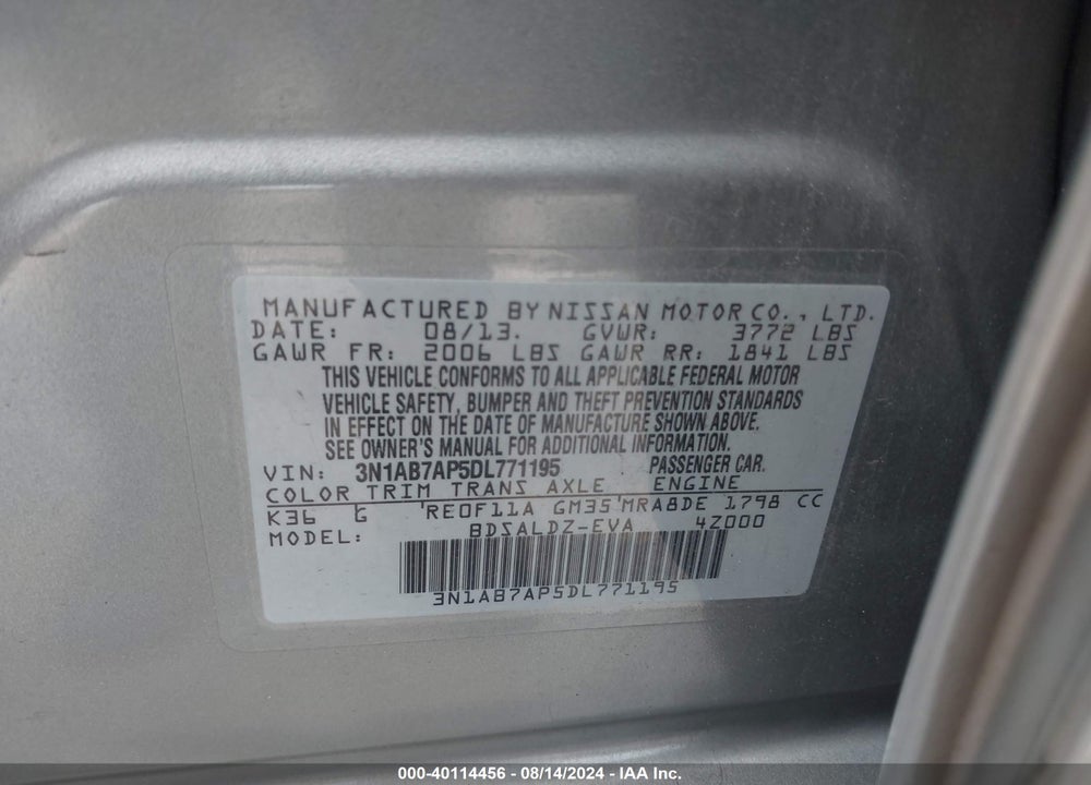 2013 NISSAN SENTRA SV VIN: 3N1AB7AP5DL771195