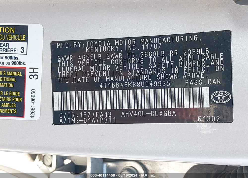 2008 TOYOTA CAMRY HYBRID VIN: 4T1BB46K88U049935