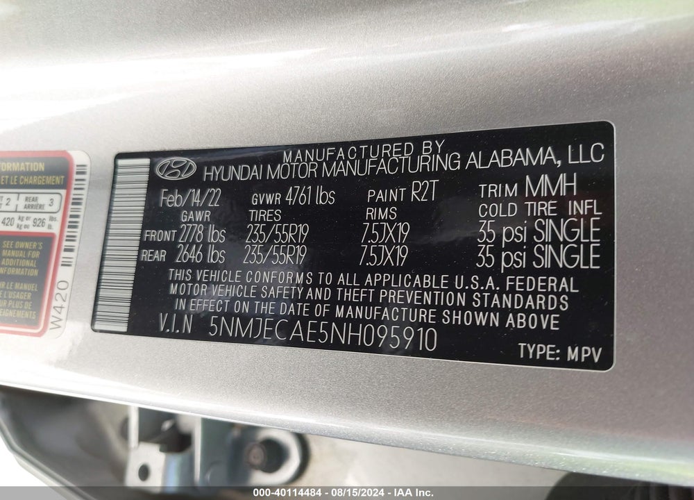 2022 HYUNDAI TUCSON LIMITED VIN: 5NMJECAE5NH095910