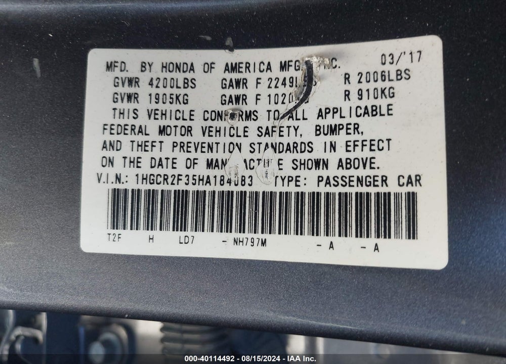 2017 HONDA ACCORD LX VIN: 1HGCR2F35HA184083