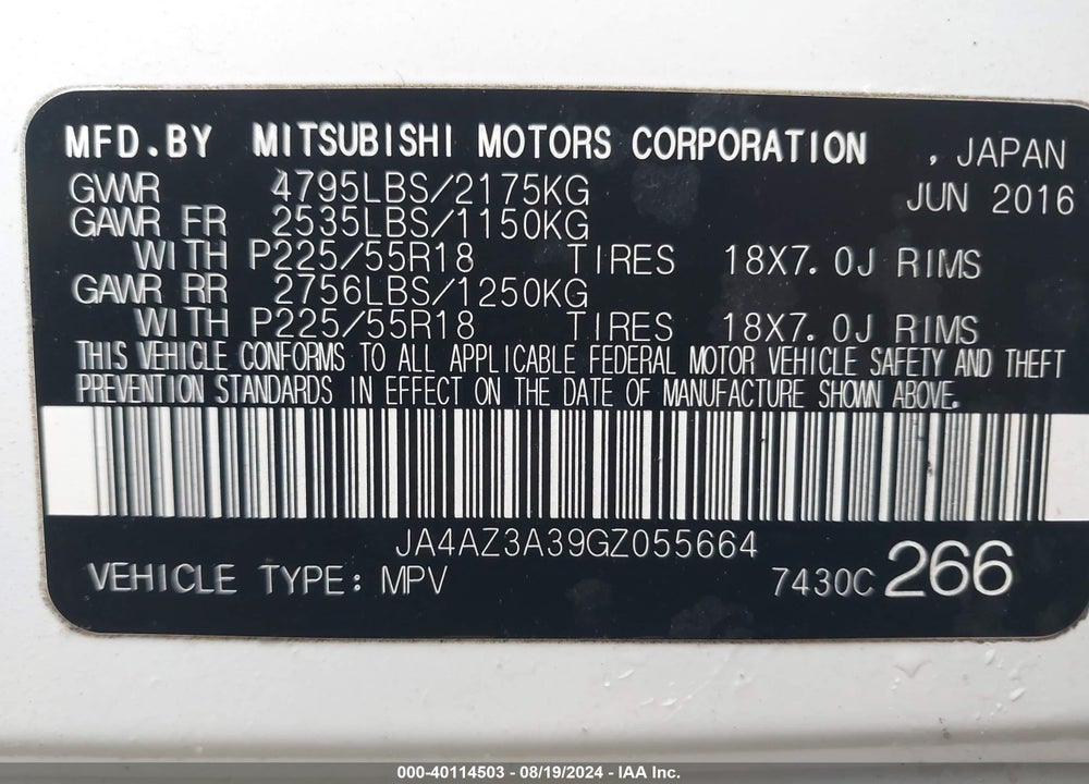 2016 MITSUBISHI OUTLANDER SE VIN: JA4AZ3A39GZ055664