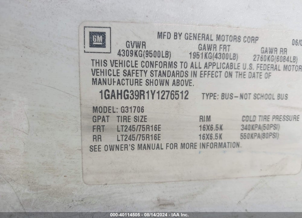 2000 CHEVROLET EXPRESS VIN: 1GAHG39R1Y1276512