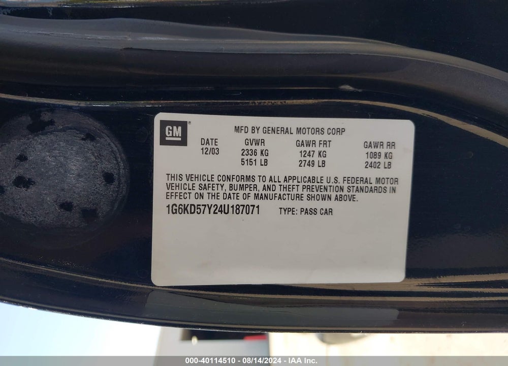 2004 CADILLAC DEVILLE STANDARD VIN: 1G6KD57Y24U187071