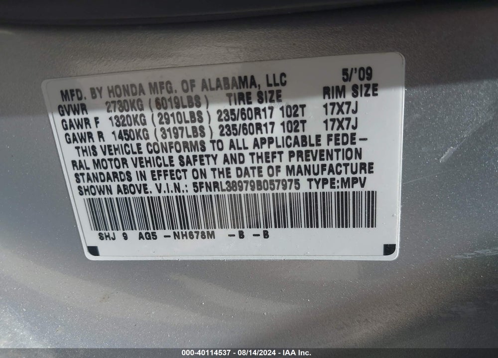 2009 HONDA ODYSSEY TOURING VIN: 5FNRL38979B057975