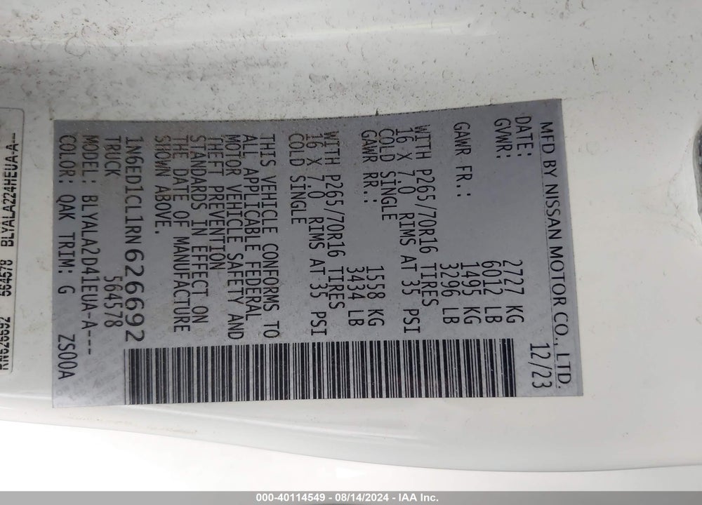 2024 NISSAN FRONTIER KING CAB S 4X2 VIN: 1N6ED1CL1RN626692