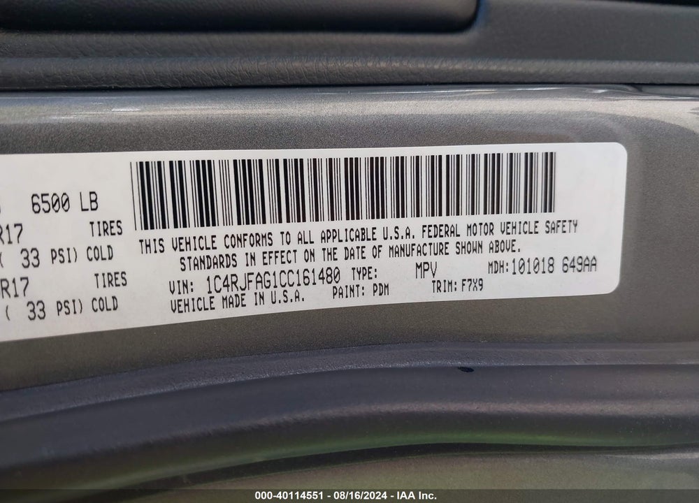 2012 JEEP GRAND CHEROKEE LAREDO VIN: 1C4RJFAG1CC161480
