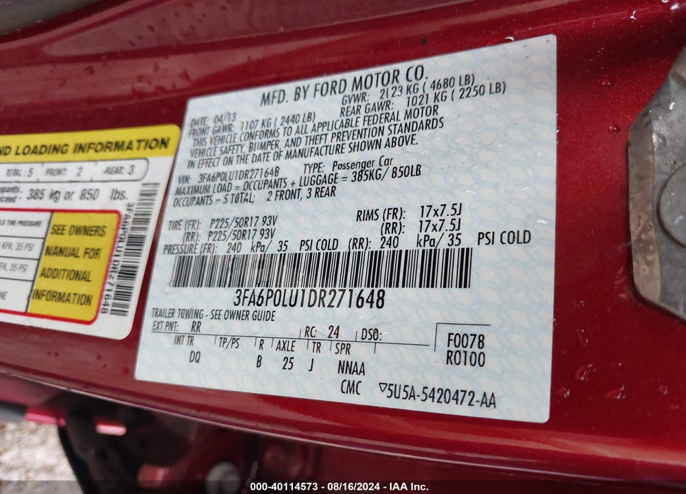 2013 FORD FUSION HYBRID SE VIN: 3FA6P0LU1DR271648
