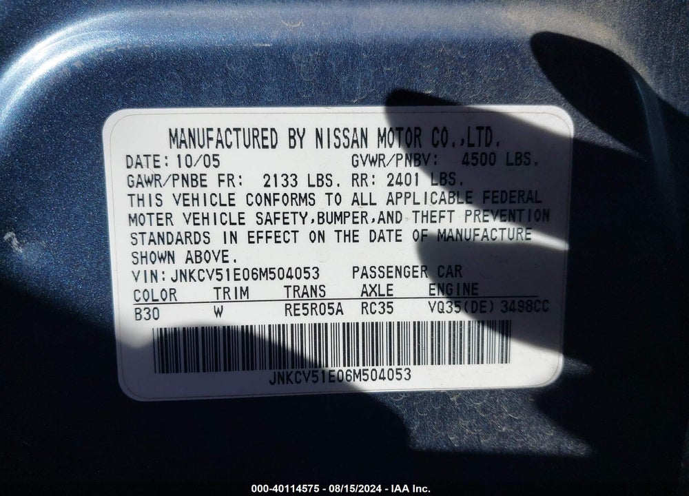 2006 INFINITI G35 VIN: JNKCV51E06M504053