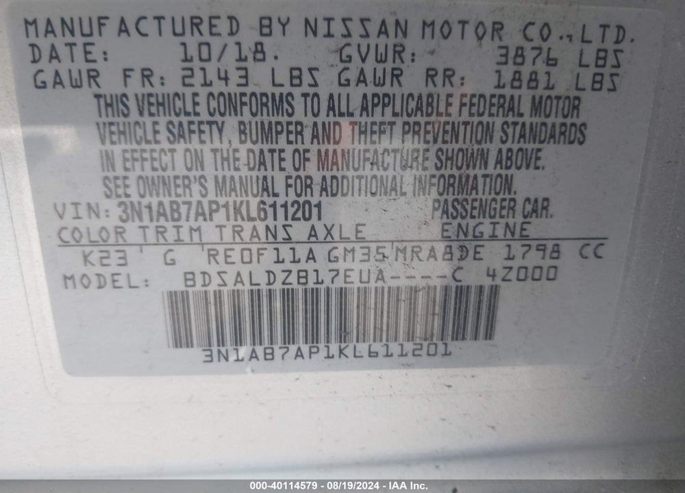 2019 NISSAN SENTRA SV VIN: 3N1AB7AP1KL611201