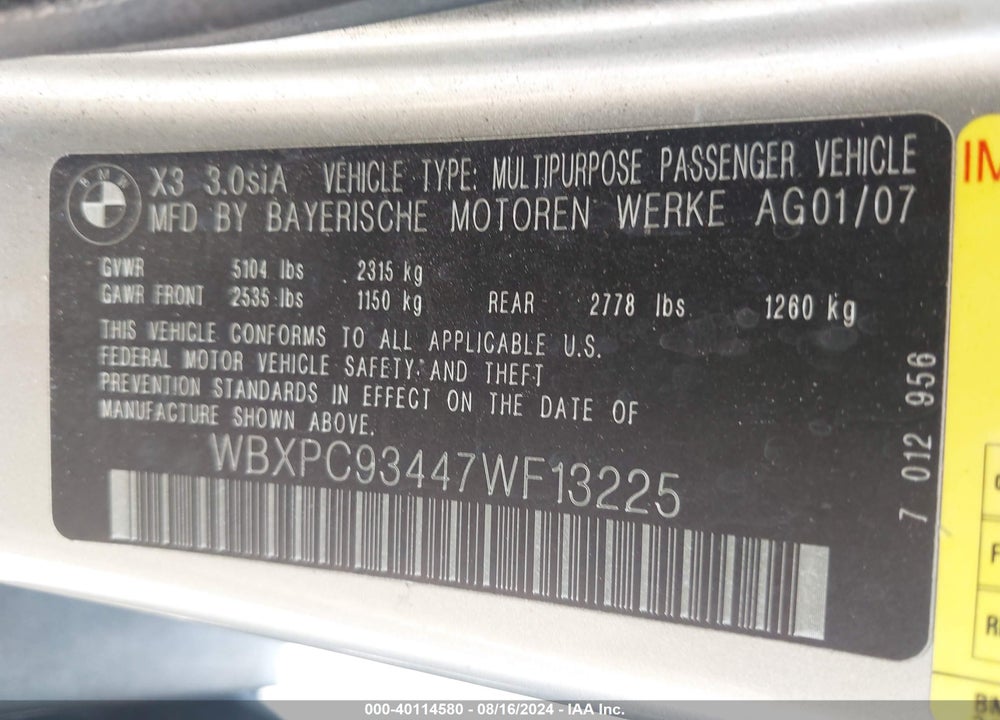 2007 BMW X3 3.0SI VIN: WBXPC93447WF13225