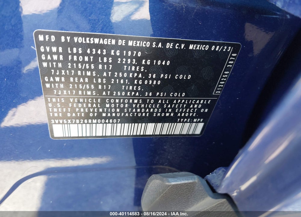 2024 VOLKSWAGEN TAOS 1.5T S VIN: 3VV5X7B26RM004607