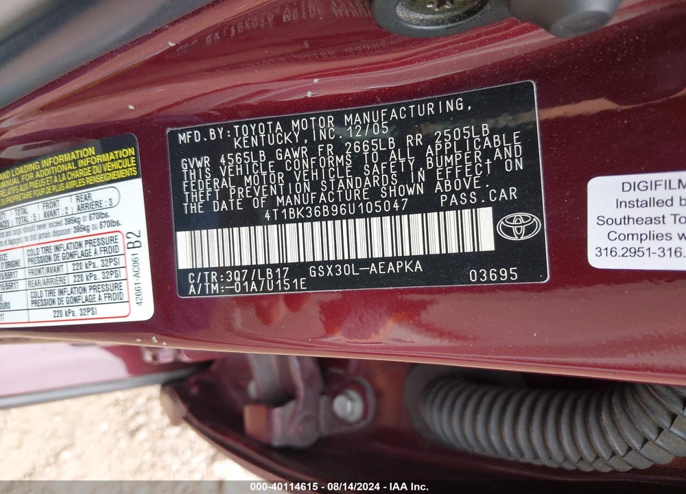 2006 TOYOTA AVALON LIMITED VIN: 4T1BK36B96U105047