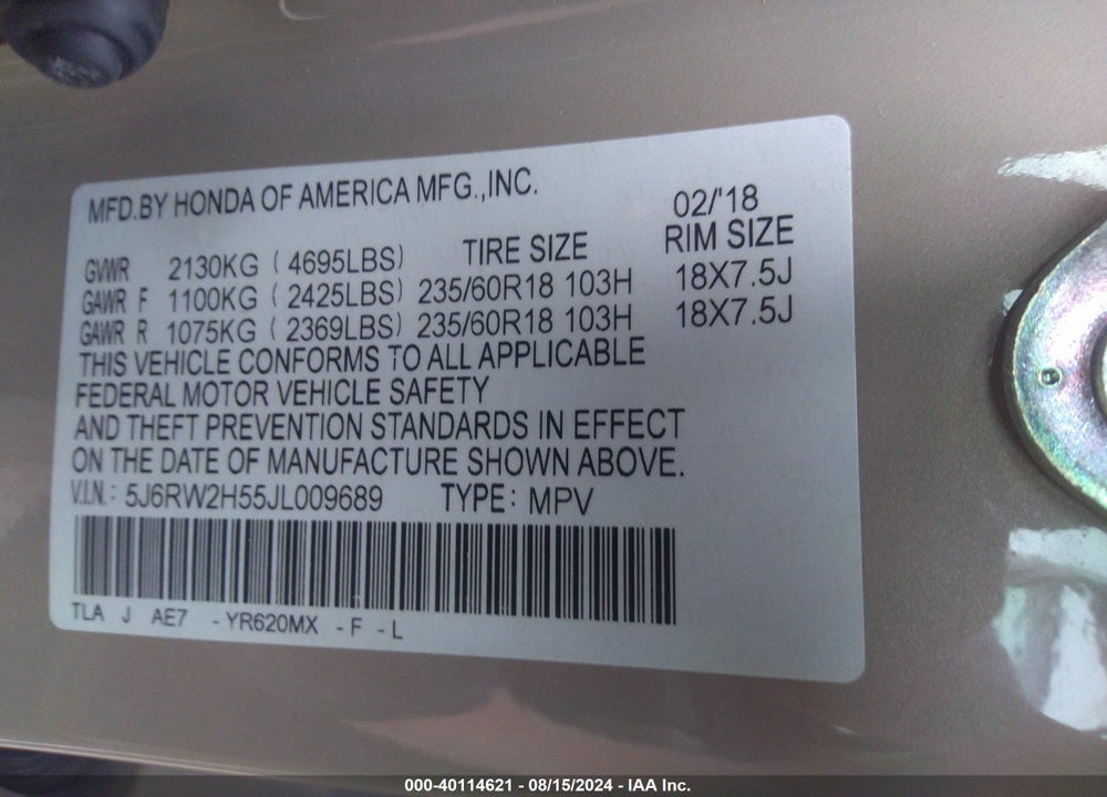 2018 HONDA CR-V EX VIN: 5J6RW2H55JL009689