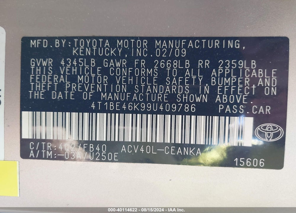 2009 TOYOTA CAMRY VIN: 4T1BE46K99U409786