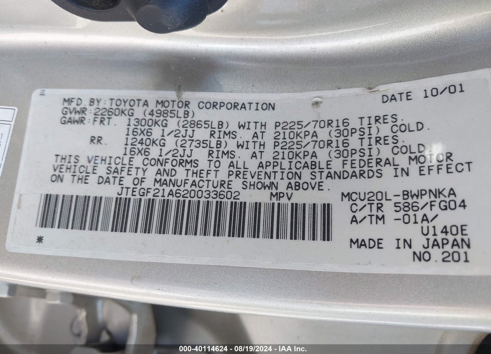 2002 TOYOTA HIGHLANDER V6 VIN: JTEGF21A620033602