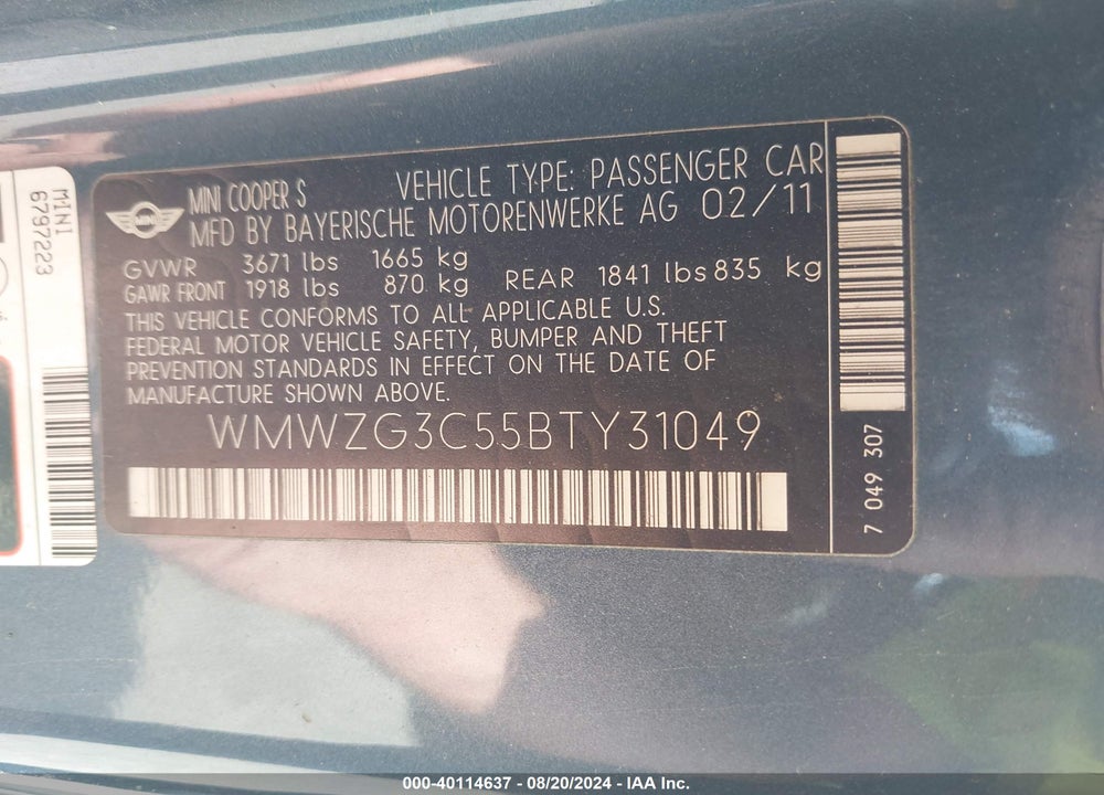 2011 MINI COOPER S CLUBMAN VIN: WMWZG3C55BTY31049