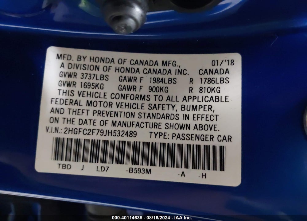 2018 HONDA CIVIC VIN: 2HGFC2F79JH532489