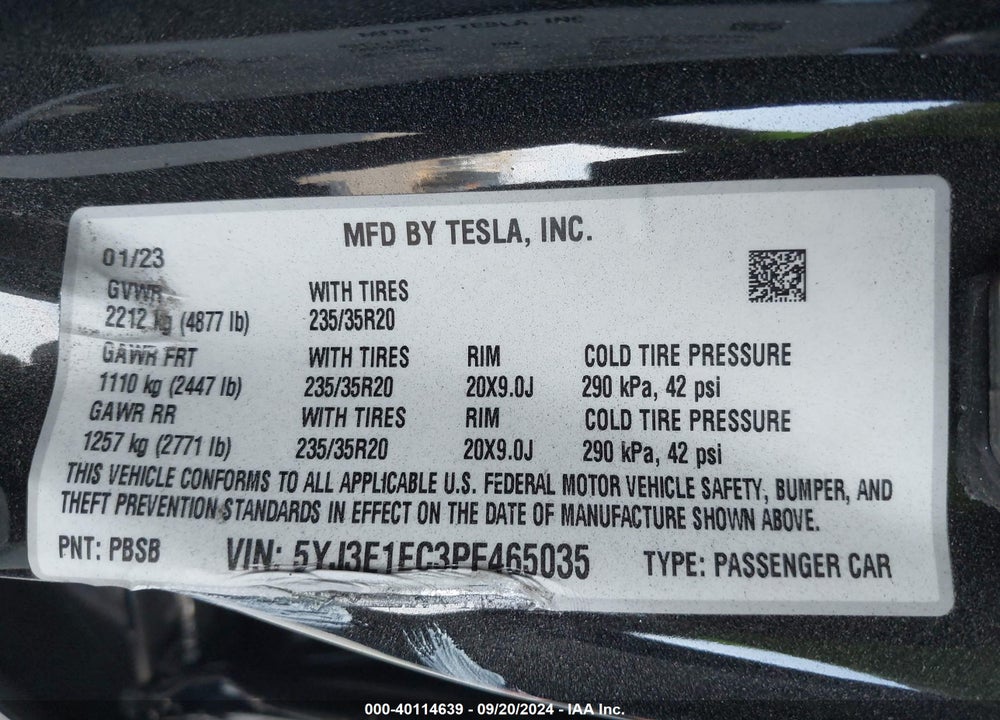 2023 TESLA MODEL 3 PERFORMANCE DUAL MOTOR ALL-WHEEL DRIVE VIN: 5YJ3E1EC3PF465035