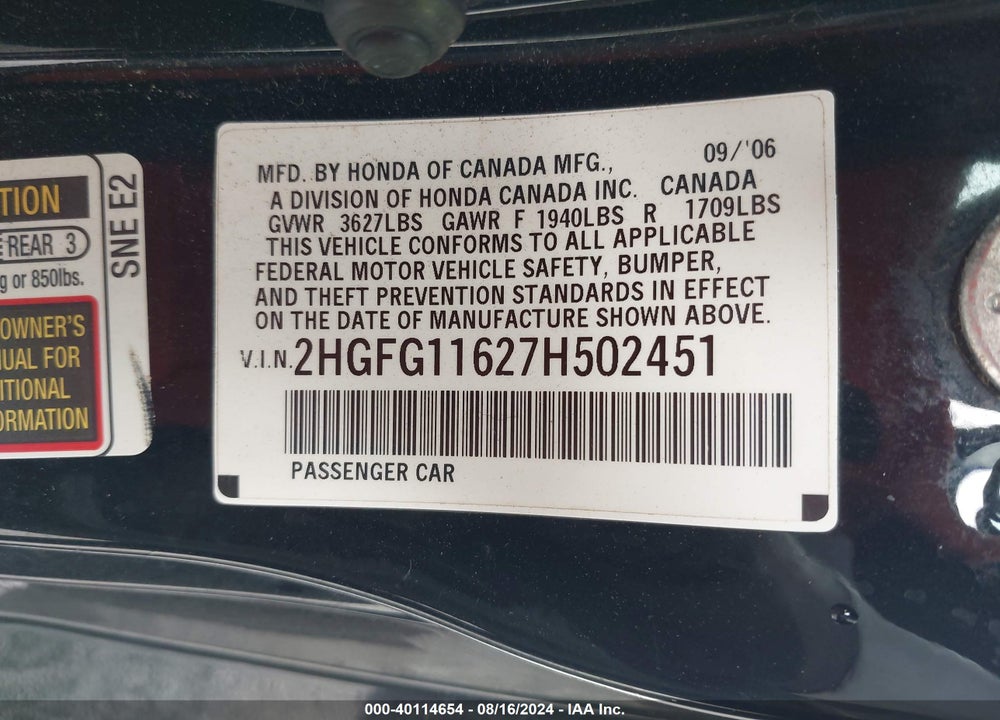 2007 HONDA CIVIC LX VIN: 2HGFG11627H502451