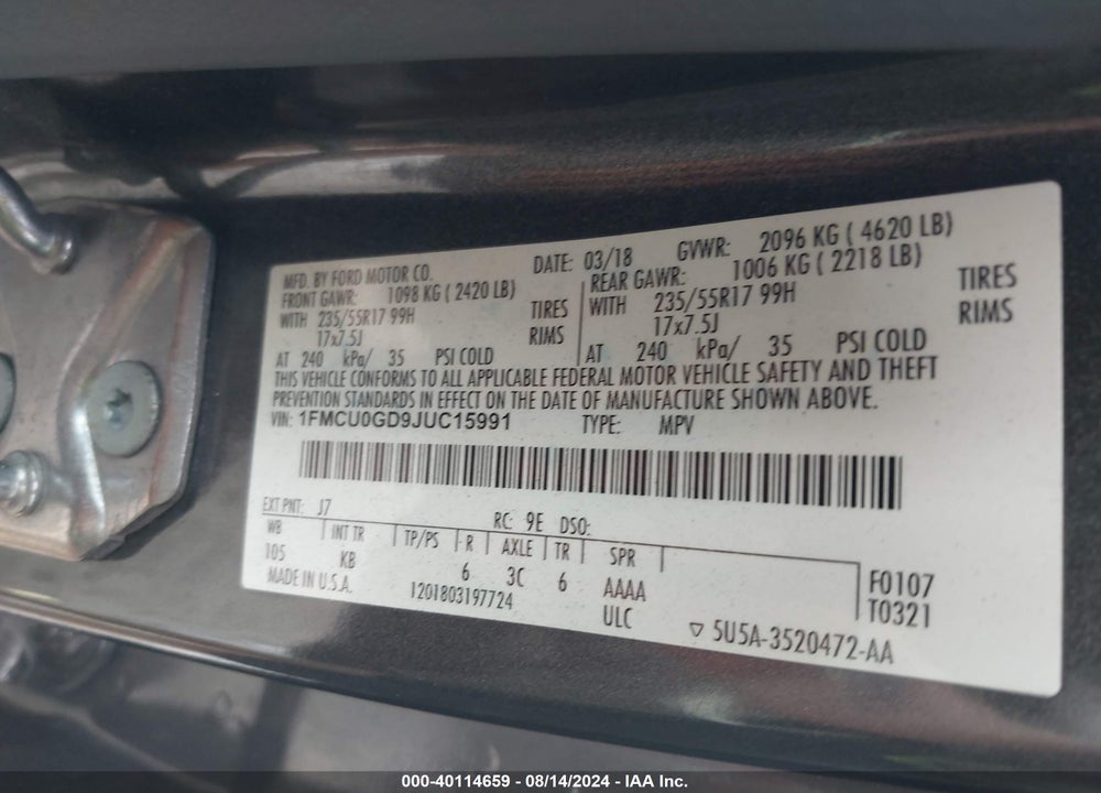 2018 FORD ESCAPE SE VIN: 1FMCU0GD9JUC15991